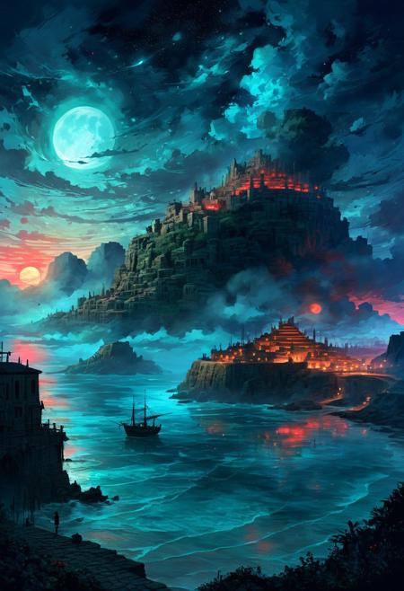 (by Ellen Jewett:1.5), (Bioluminescent Impressionism, Egyptian landscape, The Dreamland, core_9, panorama landscape, architecture, ships, wharf, sea, sunset, Italian village, Italy, enchanted fortress and fortified castle, above the clouds, mystical atmosphere, detailed stone and wood walls, magic mist swirls around, weibo, drawing, formal, retro 90's, red, black, science fiction, a dark sky lit by the glow of distant moons and neon lights. night, rockpunk, yoji shinkawa, James Jean, Ayami Kojima, village<lora:EnvyPanoramaXL01:0.5> PEAnimeBG, ethereal landscapes, depth of field, biotech emotion:1.3) <lora:xl_more_art-full_v1:0.5> <lora:add-detail-xl:1> <lora:RMSDXL_Creative:2>