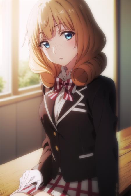 rikasaionji, <lora:rika saionji s1-lora-nochekaiser:1>,
rika saionji, blue eyes, orange hair, freckles, 
BREAK skirt, gloves, bow, school uniform, jacket, plaid, plaid skirt, blazer,
BREAK indoors, classroom,
BREAK looking at viewer,
BREAK <lyco:GoodHands-beta2:1>, (masterpiece:1.2), best quality, high resolution, unity 8k wallpaper, (illustration:0.8), (beautiful detailed eyes:1.6), extremely detailed face, perfect lighting, extremely detailed CG, (perfect hands, perfect anatomy),