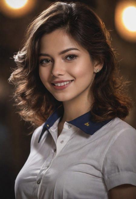 25 years old, best quality, masterpiece, (photorealistic:1.4), 1girl, light smile, shirt with collars, waist up, dramatic lighting, from below,
small breasts, textured skin.