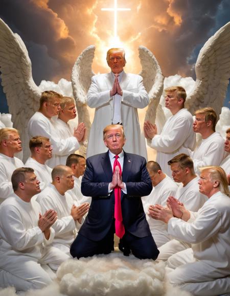 Donald Trump, surrounded by angels in heaven, praying