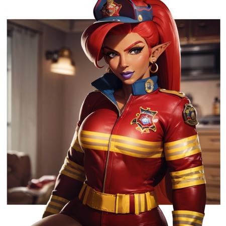 masterpiece, high quality, highres, detailed face, full_body photograph of urbosa wearing a ((firefighter outfit, firefighter jacket)) for a charity pin-up poster <lora:urbosa-8bit-dim4x1p03-000008:0.5>