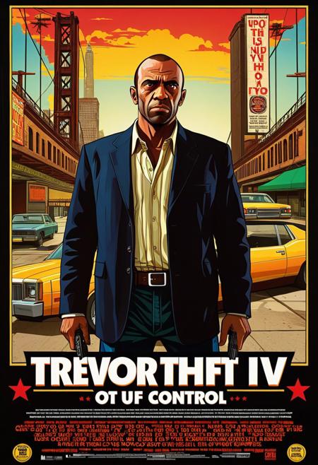 Movie Poster: Grand Theft Auto IV style, movie poster, text:"TREVOR PHILLIPS: OUT OF CONTROL", symmetrical, maximalist, accurate, refined, defined, highly detailed, follow negative prompts,