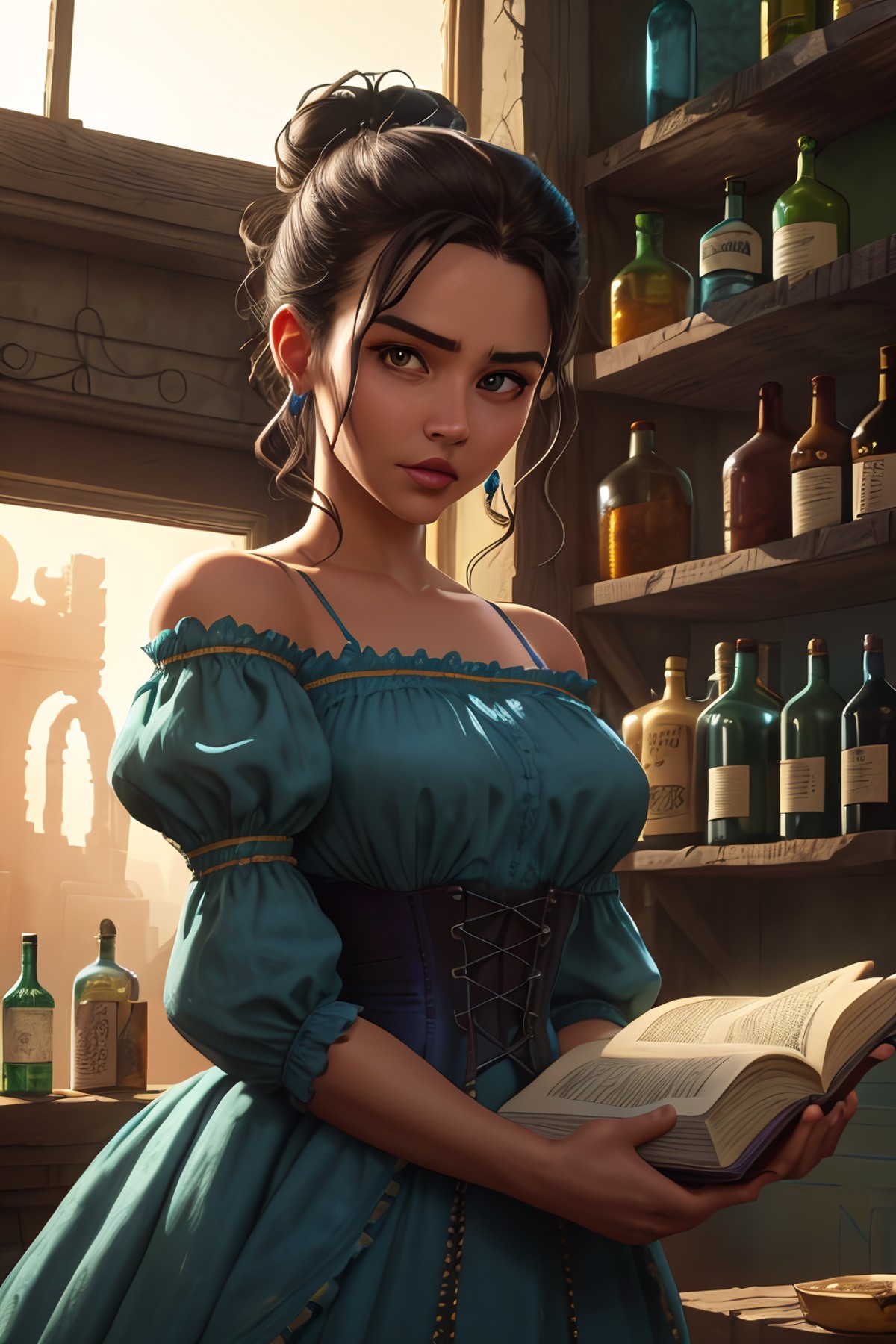 zrpgstyle, sexy senorita bandito western RPG character brunette hair upsweep updo corset (straps buckles:1.1) blue dress i...
