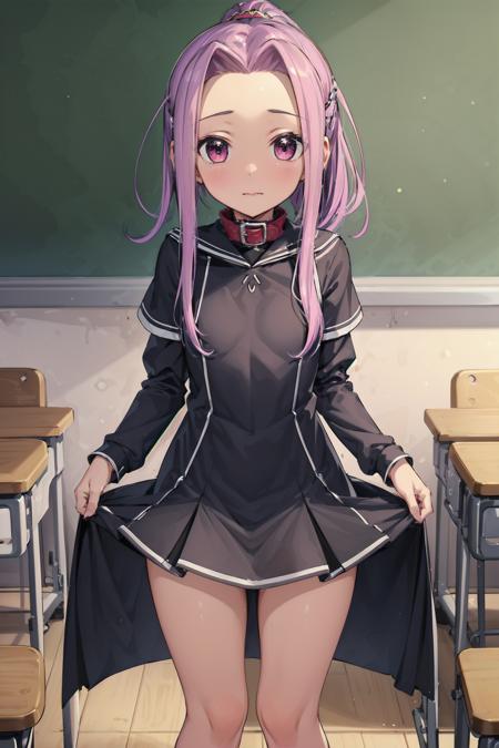 1girl, looking_at_viewer, solo, highres, masterpiece,  <lora:Ana:0.65>, Ana, school uniform, serafuku, (pink hair:0.6), (purple hair:0.7), braided ponytail, small breasts, classroom, closed mouth, embarrassed, (child), (long sleeves),