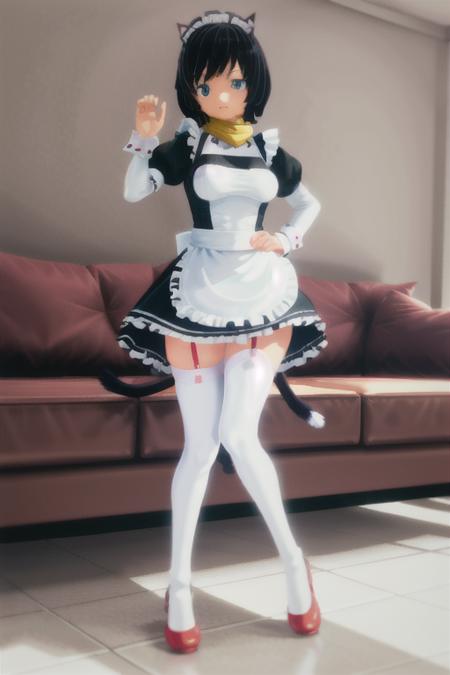 (bloom lighting), (smooth lighting), (smooth coloring), (smooth shading),(bestquality),(masterpiece), game cg, 4k, (5 fingers:1.5), (extreme detail:1.2), 1girl, solo, (morgana), cat ears, (cat tail:1.2), (maid dress:1.5), (short skirt1.5),(maid apron), long sleeves, (thighhighs:1.5), (forml shoes), <lora:girl_morgana_v1:0.8>