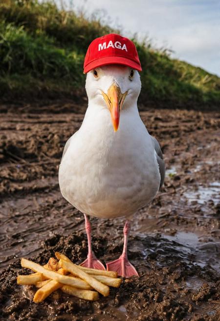 full-length photograph of ((a seagull wearing a red cap with the word "MAGA" very clearly seen printed across the front), (the seagull wearing the red cap is (standing in mud) and (eating french-fries), 
Perfect photograph, strong fisheye-lens photograph (intense fisheye-view photograph), strong bokeh, cinematic photograph, experimental angles, experimental lighting, intricately detailed, very detailed background, realisticvision-negative-embedding, epiCRealism