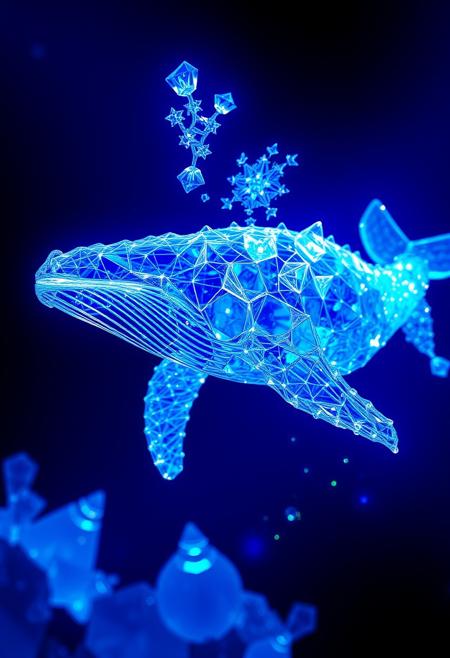 Create a surreal, dreamlike scene of a whale, but instead of traditional skin and flesh, the whale is made up of delicate, crystalline structures that seem to refract and reflect light in a dazzling display of colors and patterns. The crystals are arranged in a intricate, geometric pattern that seems to shift and change as the viewer looks at it, creating a sense of depth and texture. The art style is a fusion of traditional crystallography and digital art, with bold, vibrant colors and intricate, detailed patterns that create a sense of depth and texture. The colors are bright and glowing, with a focus on blues, greens, and purples to convey a sense of wonder and magic. Style: crystallography, digital art, surreal. Colors: bright, glowing, blue, green, purple. Highest-Quality, 4k, Masterpiece