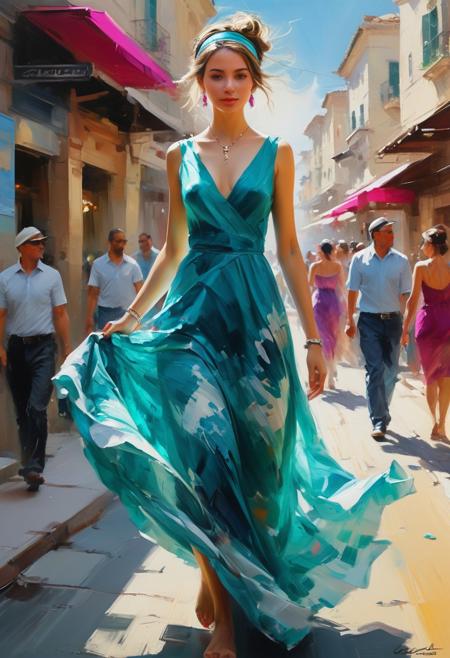 Picture a scene where a woman dons a majestic long dress in shades of turquoise and white, gracefully navigating through a sea of people in a vibrant city street, the exquisite gown billowing around her, catching the light and drawing attention, the urban environment alive with energy and diversity, evoking a sense of serenity amidst the chaos, Painting, acrylic on canvas, with bold brushstrokes capturing the movement and vitality of the scene. brush strokes, beautiful lighting, intricate details, Unreal Engine, digital art, creative, detailed, colorful,  wonderful girl, fantastic face, caucasian, nice hat,magenta and withe palette,jewelry headband,beautiful look, detailed dress, detailed hair, ultra focus, face ilumined, face detailed, 8k resolution, painted, dry brush, brush strokes, razumov style and garmash style. Portrait of a girl, very beautiful girl, full body, a painting of a woman Charming pencil sketches by Albert Eckhout, in full color In this fascinating acrylic painting you can see a charming woman. The girl is in a small town by the sea. The dress is very elegant and very well made. This stunning image captures the viewer's attention with its vibrant tones and dreamlike atmosphere. The expertly crafted brush strokes and intricate details show the artist's skill, making the image truly captivating. Through vivid colors and meticulous execution, the painting showcases the artist's ability to create a stunning and visually striking depiction.