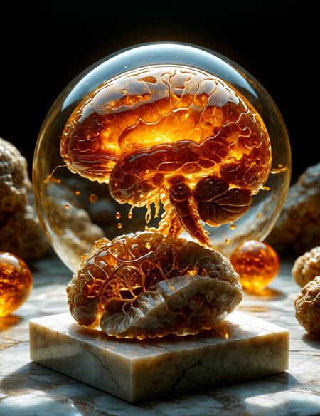 improved cinematic photo, 35mm photograph, film, professional, 4k, highly detailed, An amber fragment enclosing a Human Brain, The amber fragment is a smooth, slightly irregular sphere, roughly the size of a marble, with a warm golden-brown hue. Its surface is polished, gleaming softly under light, revealing a mesmerizing play of golden, honey, and orange tones. Tiny air bubbles and organic inclusions are scattered throughout, lending it a sense of antiquity and natural complexity. Inside, a perfectly preserved Human Brain lies suspended in time, its delicate body encased in the translucent amber. Around the Human Brain, subtle striations and minute organic fragments, possibly plant material or dust, create a vignette that frames the insect. The amberâs clarity varies in places, with some sections slightly cloudy, further accentuating the Human Brain as the focal point. The fragment feels timeless, a tiny time capsule offering a glimpse into a prehistoric world millions of years ago <lora:add-detail-xl:1.0><lora:aidmaMidjourneyV6.1-v0.1:0.9><lora:SDXLFaeTastic2400:0.8>