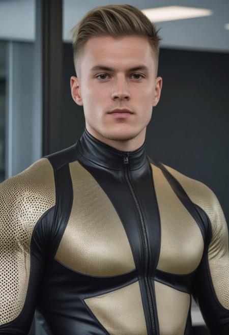 two strong 28-year-old german powerlifter males, with a  Top Fade hairstyle, detailed face, dominant expressions, wearing a skin tight black latex cybernetic suits with light-gray, silver and gold latex details, wearing skin tight black latex jockstraps over his latex suits, standing at attention posture,  on a modern office, looking to the camera, detailed face,  inside a office, professional photography, shot on sony a 7RIII , looking to the camera,  detailed skin face and eyes, natural lighting ,  film grain, low contrast, natural face,  dark circles under eyes