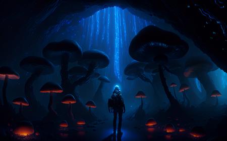 cinematic digital painting wallpaper of a lone futuristic explorer+ standing in an epic dark cave filled with glowing otherworldly mushrooms, magical, (volumetric lighting)++, (light filtering through fog)++, HDR++, (soft focus)+++, (character focus)+