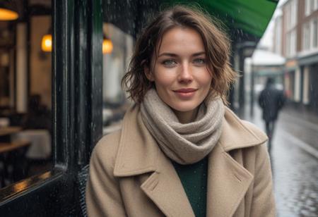 A moody, hyper-realistic portrait of Olivia, a 35-year-old woman with a slender, V-shaped face and subtle laugh lines. She’s seated under a canopy at a corner café in Amsterdam, drizzling rain reflected in the cobblestones. Soft, cool natural light bounces off the wet street. Olivia wears a beige wool coat and a light cashmere scarf. Her short, tousled hair is damp at the edges. Her skin has realistic pores and faint freckles. The scene has a quiet, introspective tone. Bright green eyes with a gentle, calm expression. .