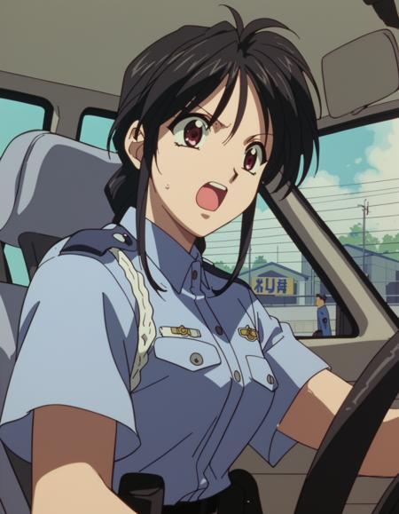 kobayakawa miyuki, black hair, police uniform tsujimoto natsumi, short hair, brown hair, police uniform