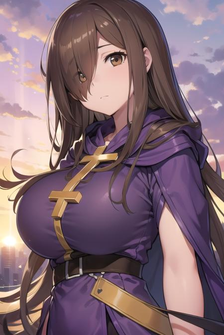 konosubawiz, <lora:wiztest:1>, 
wiz, ahoge, (brown eyes:1.7), light brown hair, (hair over one eye:1.5), long hair, (large breast:1.2),
BREAK cross, dress, hood, hood down, jewelry, latin cross, long dress, long sleeves, (purple dress:1.5), robe, (purple robe:1.5)
BREAK looking at viewer,
BREAK outdoors, city,
BREAK <lora:GoodHands-vanilla:1>, (masterpiece:1.2), best quality, high resolution, unity 8k wallpaper, (illustration:0.8), (beautiful detailed eyes:1.6), extremely detailed face, perfect lighting, extremely detailed CG, (perfect hands, perfect anatomy),