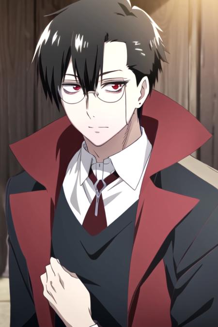 masterpiece, best quality, game cg, 1boy, solo, male focus, looking at viewer, , , , realistic, <lora:braz_d_blood:0.68>, braz_d_blood, black hair, red eyes, glasses, bags under eyes