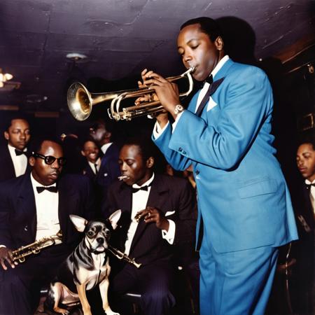 Jazz club, vintage photograph.  Puproy Doggerson III is a well-dressed dog wearing a blue suit.  He is holding a trumpet like Miles Davis and turning his head to look back at the band.