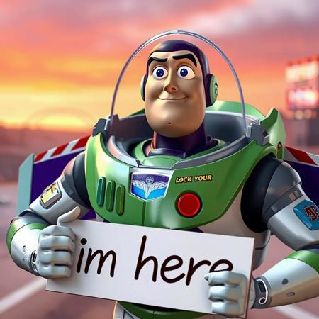 buzz lightyear, realistic, holding a sign, "im here", 8k, best quality, ultra detailed