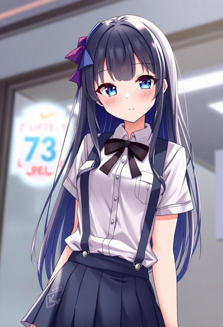 1girl, Angela White, solo, tokyo-3 middle school uniform,  shirt, short sleeves, suspender skirt, neck ribbon,, ultra detailed, masterpiece, best quality, aesthetic, detailed,