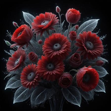 illustrate an intricate floral arrangement bursting with life against a stark black background, focus on detailed petals of deep reds, each stroke adding depth and realism to flowers, flowers should appear luminous, with dewdrops accenting their edges, giving a fresh and serene vibe, overall composition should balance vibrant life of flowers with void-like darkness, creating a striking contrast