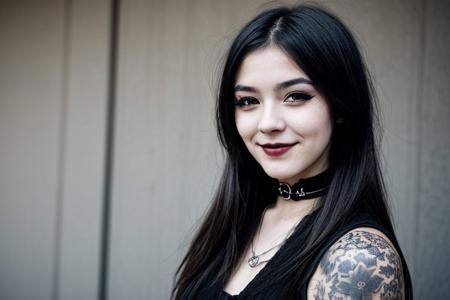 Teen brunnete nordic goth girl | tattoo | smile | dark | in dark room | Adult | On street | High quality | gothic makeup | realistic | informal | cute girl | bob cut hair | choker