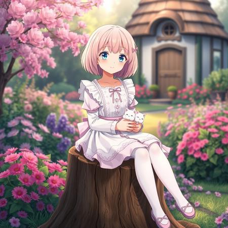 light-pink-haired girl, anime style, sitting on a tree stump in a vibrant, pastoral setting.  Light-skinned.  Wears a white, light-purple, and light-lavender-colored dress, featuring decorative embroidery and ruffles.  The dress has a light-purple underlay and a light-lavender-colored waistband with a bow; white stockings and light-purple shoes.  Soft, gentle smile, expressing happiness and calmness.  Light-pink hair, short bob cut, with slightly visible white-colored highlights.  She holds two small white cat-like creatures in both of her arms.   Soft, gentle lighting creates a warm atmosphere, bathed in a soft, diffuse light, with visible natural shadows.  The backdrop features a lush, blooming garden with various shades of pink, purple, and green flowers.  A quaint, rustic-style house with a rounded roof is in the background, adding to the idyllic setting.  Composition is centered on the character, with a slightly high-angle perspective emphasizing her posture and gentle pose.  Soft, pastel colors dominate the entire scene, creating a serene and cheerful mood.  Anime style, with detailed floral patterns on the dress, delicate textures in the plants.  The image has a calm, relaxed, and sweet mood.  The scene is vibrant, yet soft, with a slightly dream-like quality. Girl in game scene, making pulls.