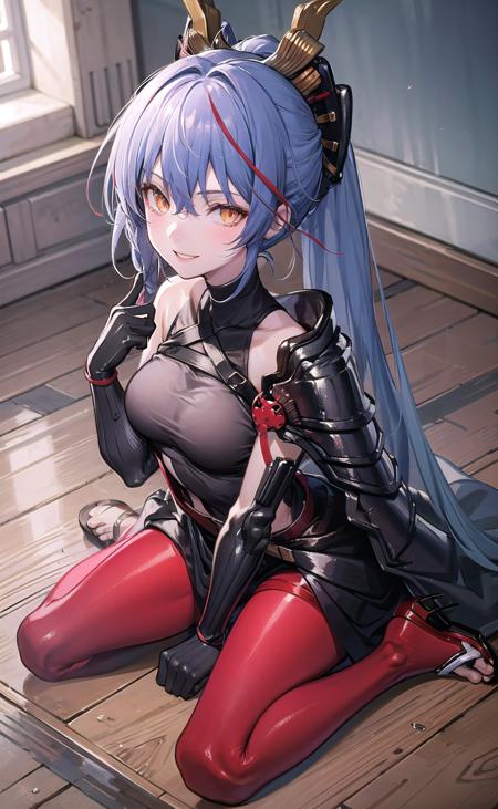 (masterpiece,best quality, detailed), indoors, looking at viewer, 1girl, solo, full body, from above, smile, sitting, wariza,
origin, 1girl, solo, long hair, breasts, looking at viewer, sandals, red pantyhose,armor,gloves, shoulder armor, black gloves<lora:akafuyu-pynoise-000009:1>