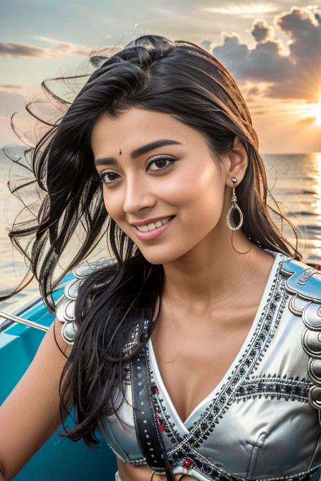 close up RAW photo of a Shriya Saran smiling, in a boat, baroque detailed silver armor, black slick hair, enhanced skin texture, beach, heavy sunset, island in a background, detailed background,(lust), (intricate:1.4), dramatic, epic, octane render, rim light, dim light modelshoot style, 8k, ultra detail, <lora:shriya:0.9>