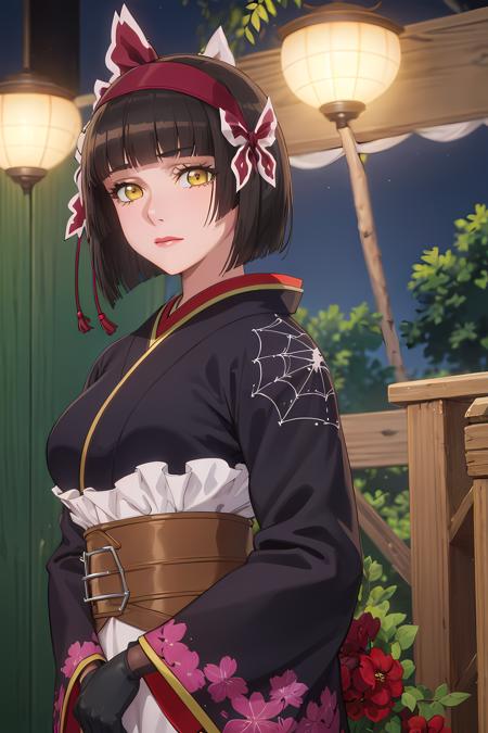 (masterpiece:1.2, best quality), (finely detailed beautiful eyes: 1.2), (extremely detailed CG unity 8k wallpaper, masterpiece, best quality, ultra-detailed),1girl,   (dutch angle:1.2), mio, large breasts, yellow eyes,hairband, japanese clothes,  purple kimono , black gloves, hair bow,spider web print, sash , obi, hair ribbon,  High contrast, (best illumination, an extremely delicate and beautiful),(simple backround, outdoors,  front on),  beautiful detailed glow, (beautiful detailed face, beautiful detailed eyes)