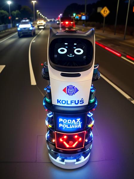 kerfusrobot police robot loaded with police lights standing at the road, high quality, high resolution, intricate detail, very sharp, professional photography <lora:hjkerfusrobot_v11:0.75>