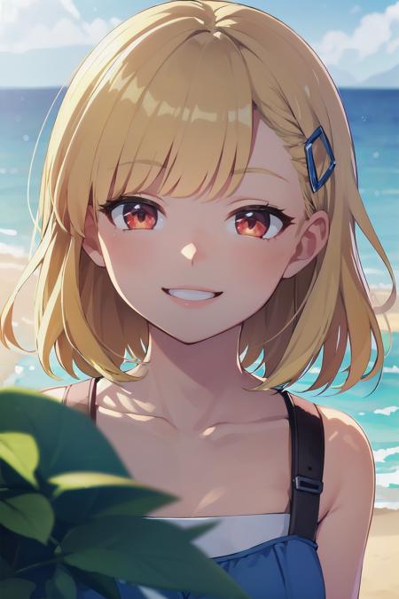 portrait, sharp focus, soft lighting, illustration, depth of field, outdoors, beach, blue sky,  1girl, :D smiling, rosetta1, short hair, blonde hair, red eye, blunt bangs, hairclip  <lora:rosetta1-000003:0.75>