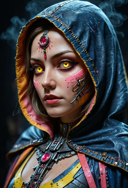 Close-up of the portrait (full-length: 1.3), the face is vertically divided into two parts: the left side is yellow with hand-drawn symbols and scribbles Candy pink, the right side is dark blue with cybernetic implants and exposed mechanical parts Orange. The left eye glows neon yellow Black, contrasting with the shaded right side. Partially covered with a battered hooded cape, cinematic lighting in the noir style of the 1940s, chiaroscuro, dramatic volumetric fog, hyperdetalized skin textures, "octane rendering" style, realistic Unreal 8k engine,
<lora:aidmaImageUpgraderSDXL-v0.3:1> aidmaImageUpgrader,  <lora:DetailedEyes_V3:1.3>