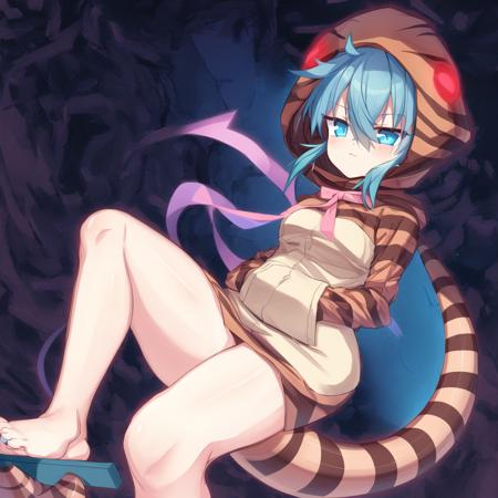 tsunsnek, 1girl, solo, hood, hoodie, snake tail, aqua hair, long sleeves, striped hoodie, striped tail, short hair, pink neck ribbon, bangs, hair between eyes, hood up, geta, blue hair, aqua eyes, bare legs, blue eyes, crossed bangs, ahoge, detailed shading, detailed ambient light