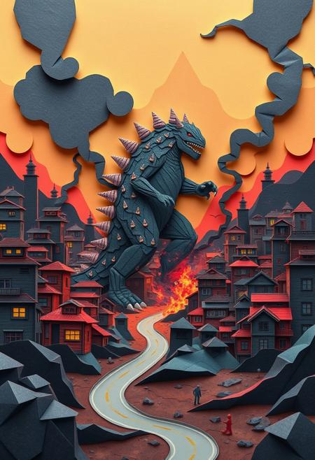 Intricate origami style depiction of hellish city life featuring a Kaiju, stillness and serenity contrasting with nostalgic landscapes and morally ambiguous heroes, showcasing adorable charming features, folded paper aesthetic with geometric precision, vibrant colors and a melancholic tone.