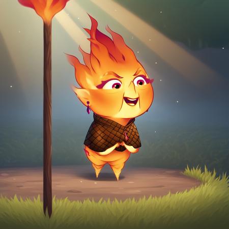 cinderlumen, 1girl, solo,  fiery hair, earrings, capelet,