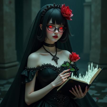 1girl, mysterious, hyper-realistic, despotically evil vampire queen, detailed argular scary face, goth sugar skull make up, jet black hair, black malachite crystal victorian dress with sharp jagged textures, Black Soul Gem Eyes, skull tiara with ebony accents, vampire fangs, glowing bioluminescent accents, holding scepter carved from bone with a red crystal skull on th end, haunting cemetery background, black glass floor, dim lighting, matte color tones, flat color style, horror fantasy, intricate details, cinematic shading, reij-blckprlglss, aidmaImageUpgrader