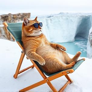 A cat wearing sunglasses, lounging on a mini beach chair, snow hill