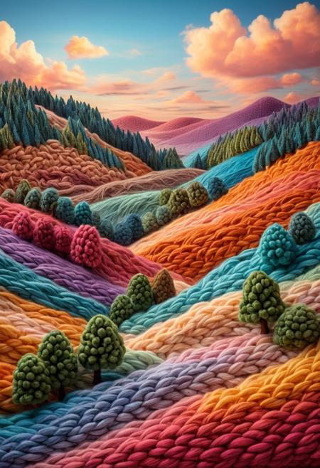 A surreal landscape made entirely of colorful yarn and wool. Rolling hills are made of intricately woven fibers, while trees have soft, knitted branches. The sky is a gradient of pastel threads, with clouds appearing as fluffy, crocheted tufts. The scene is rich in texture, with individual strands of yarn visible, adding depth and warmth. The lighting is soft and dreamlike, creating a cozy yet otherworldly atmosphere.