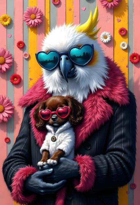n1t3_du5t, a hyper-realistic extreme close-up of a fashionable white parrot wearing a fuzzy pinstripe black and pink fur coat with blue heart-shaped designer shades is holding in both hands a black puppy who wears a tiny white fur coat and pink heart-shaped designer shades. Fashion light casts on the pair. Vertical spiral of paper flower petals and horizontal heart stickers cover the colorful construction paper background.