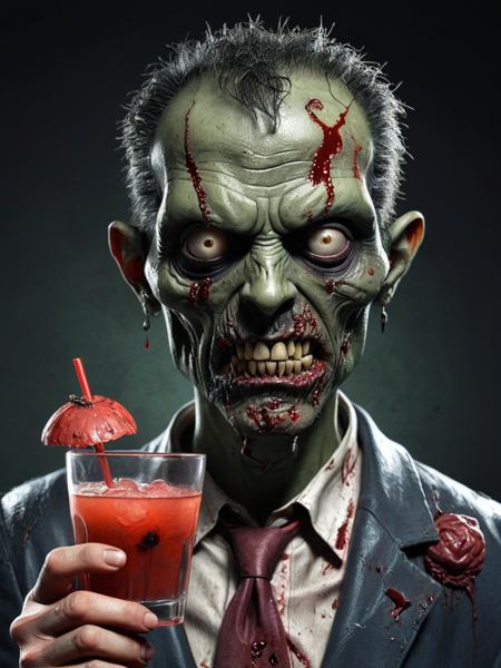 a cartoon-styled zombie man with a miserable expression. He is holding a  cocktail from blood and brain. The overall effect is a memorable, cinematic-quality image that combines horror and humor,  <lora:xl_more_art-full_v1:0.4>