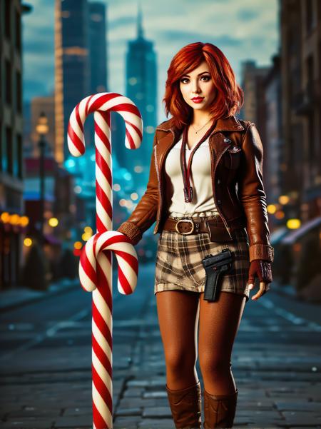 chrc4nd7, A large Candy Cane stands in the foreground while a fiery redhead with medium-length hair, fair skin, and piercing black eyes stands confidently in a dynamic pose against a gritty, high-contrast cityscape at dusk, with warm golden light casting long shadows and candy cane vistas. She wears a brown jacket with a white shirt, a plaid miniskirt, and asymmetrical brown leggings, with a thigh holster holding a revolver, and knee-high brown boots. A lanyard and pen protector adorn her neck, while an open belt and gloves add to her edgy look. Her gaze is direct, looking at the viewer with a hint of intensity. The scene is shot with a shallow depth of field, using a combination of warm tungsten and cool blue LED lights to create a moody atmosphere reminiscent of a Quentin Tarantino film, with a subtle film grain and a muted color palette.