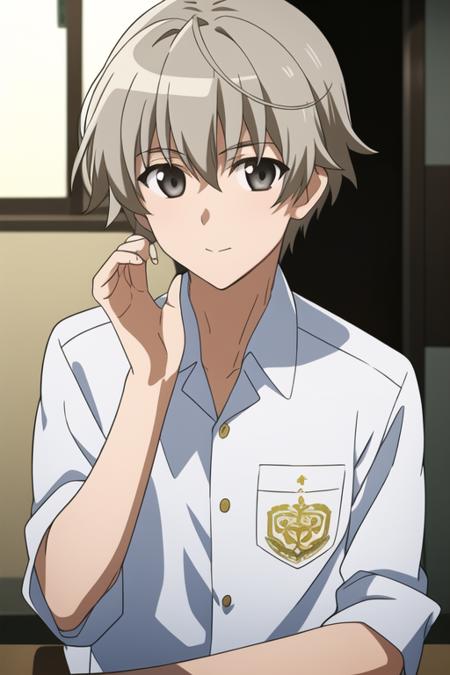 masterpiece, best quality, illustration, 1boy, solo, male focus, looking at viewer, , , <lora:haruka_kasugano:0.74>, haruka_kasugano, grey hair, grey eyes