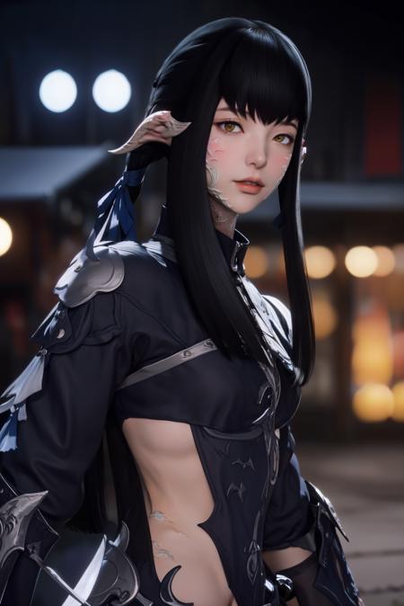 masterpiece, 8k, perfect ligthing, adult, female, looking at viewer, cinematic lighting, black hair, avatar \(ff14\),scales,Yugiri,bangs, <lora:Yugiri:0.8>closed mouth, lips,,,au ra, blurry background,ribbon,armor,(yellow eyes:1.1), from side,