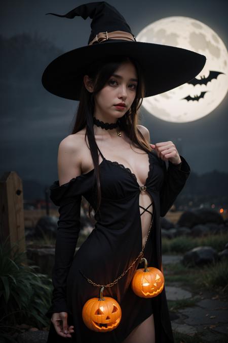 1girl,in the dark, night, halloween, witch cosplay, spooky