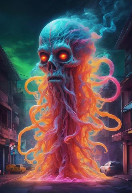 (Neon Light Trails Photography by Marion Ettlinger and Alyson Hunter:1.2),best quality masterpiece uncensored rating hyperrealistic horror shot of a (ghostly ectoplasm:1.5), creepy, foggy, evening, light bloom, Tristan Eaton, victo ngai, artgerm, RHADS, ross draws, translucent, ectoplasm, masterpiece, best quality, dreamy, magnificent, ethereal,