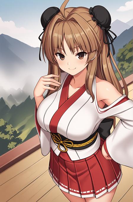 Renka_XL, brown eyes, long brown hair, ahoge, double bun, bun cover, hair ribbon, large breasts Renka_Shinobi, chinese clothes, yellow ribbon, crop top, detached sleeves, white cape, miniskirt, white legwear, legwear ribbon, brown boots, boots ribbon Renka_Shrine, shrine clothes, japanese clothes, miko clothes, white kimono up, bare shoulders, long sleeves, wide sleeves, obi, sash, hakama skirt, red skirt, red boots Renka_Swim, brown bikini, brown bra, brown panties