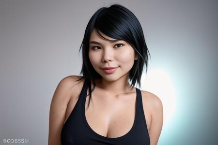 a portrait of DEN_lusia_SG in front of a [plain black background] wearing a black tank top, collarbone, [headshot], [centre frame], looking at the camera, facing the camera,
[big open mouth grin], dynamic lighting, mole above her lip on the right,
photorealistic, high detail, detailed, masterpiece, 8k, highres, flawless, colour, professional