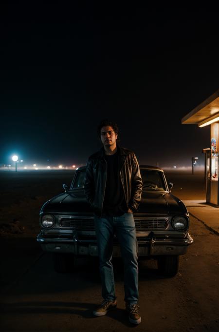 Cinematic Photo of a character leaning against an old, dust-covered car parked at a forgotten gas station in the desert, smoking a cigarette,  fluorescent lighting, captured from a wide, cinematic angle, night,fog, slate atmosphere, cinematic, dimmed colors, dark shot, muted colors <lora:add_detail:0.8>  <lora:picxer_bside:1.5>