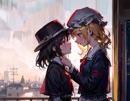 best quality, ultra high res, (photorealistic:1.4), 2girls, yuri, 
AND 2girls, usami renko, renko, school uniform, smile, standing, from side, kissing, close-up, <lora:renko:1>, black victorian hat, black capelet, white shirt, red tie, 
AND 2girls, maribel hearn, school uniform, frown, standing, from side, kissing, close-up,  <lora:maribel_hearn:0.7>, white soft hat, short wavy hair, blonde hair, purple dress, white collar,