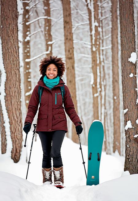 Craft a highly detailed cinematic (full body portrait), capturing the essence of a character in a cinematic setting.
Young Adult .
Snowshoeing in a Snowy Forest in Quebec 
Caucasian .
(Expression: Happy-go-lucky and Fun .)
Hair Style: Afro.
Hair Color: Mahogany Red .
Eye Color: Turquoise Blue .
(Skin Detail: The skin exhibits ultra-detailed features down to the pores, capturing every nuance and texture with precision.)
Atmospheric Ambiance: Hints of magical auras around each fragment .
<lora:add-detail-xl:1> <lora:sdxl_offset_example_v10:1>