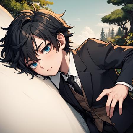 1boy, solo, detailed face, detailed eyes, masculine face, black hair, wild and messy hair, blue eyes, black waistcoat, black blazer, trousers, rose garden scenery, morning, ink, (sfw), chibi, <lora:Ink scenery:0.8>